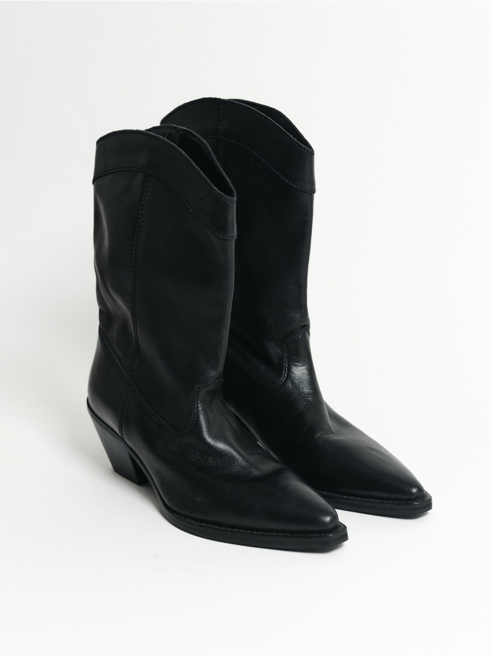 Zara Black Leather Western Ankle Boots